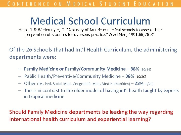 Medical School Curriculum Heck, J. & Wedemeyer, D. “A survey of American medical schools