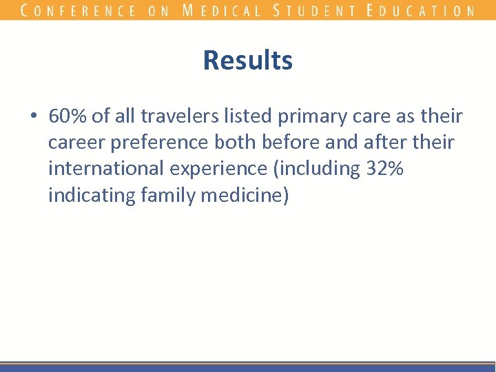 Results • 60% of all travelers listed primary care as their career preference both