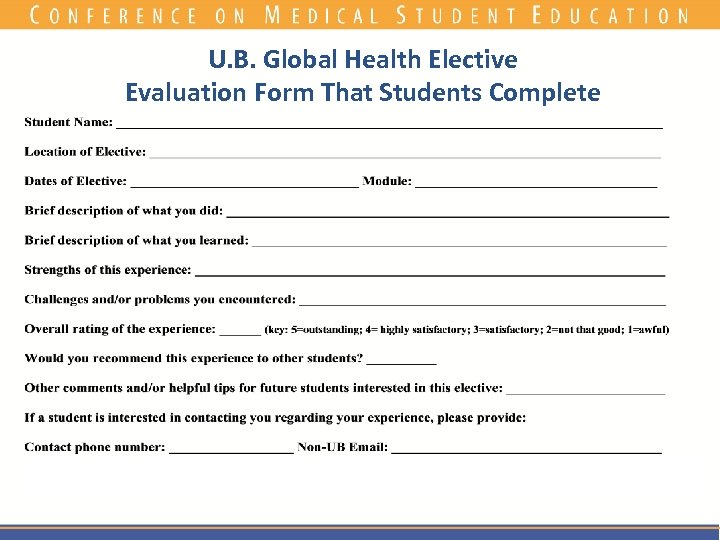 U. B. Global Health Elective Evaluation Form That Students Complete 