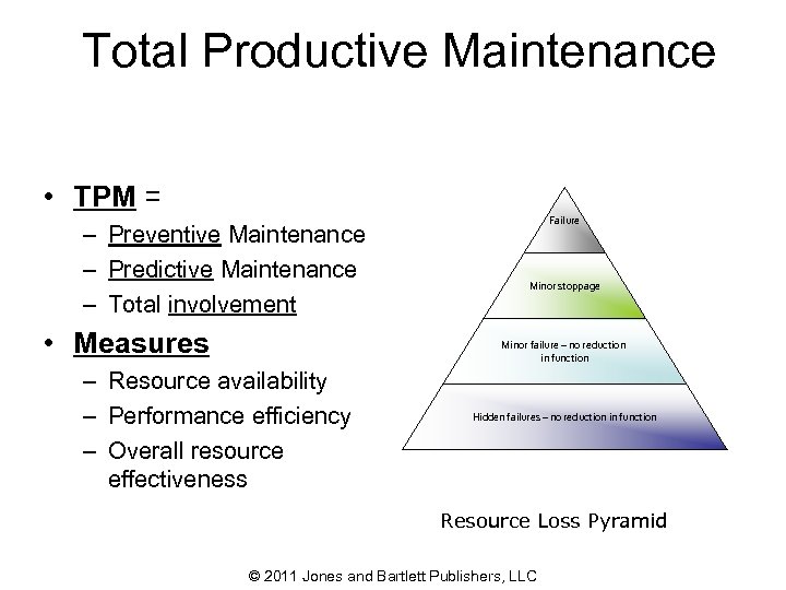 Total Productive Maintenance • TPM = – Preventive Maintenance – Predictive Maintenance – Total