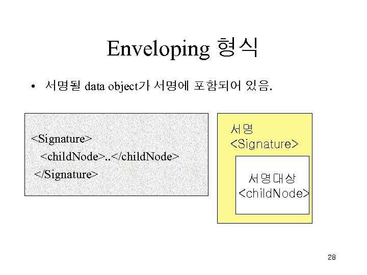 Enveloping 형식 • 서명될 data object가 서명에 포함되어 있음. <Signature> <child. Node>. . </child.