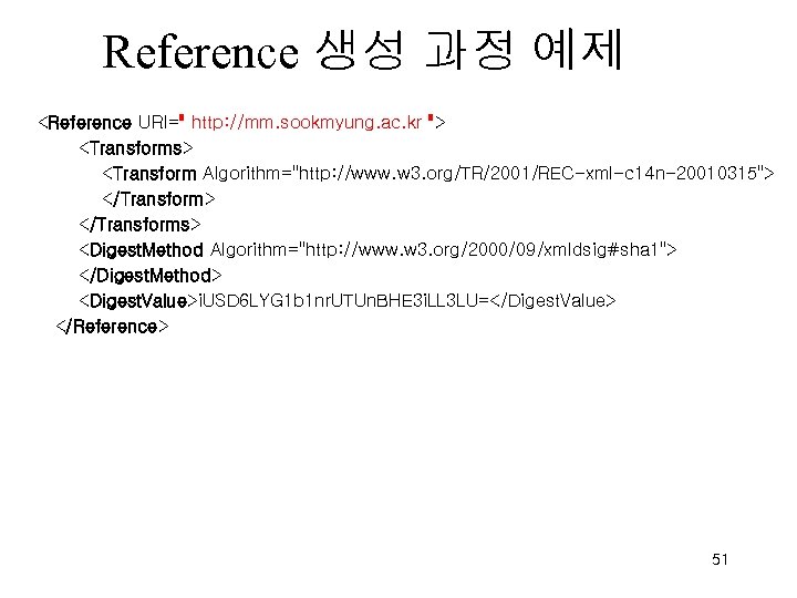 Reference 생성 과정 예제 <Reference URI=" http: //mm. sookmyung. ac. kr "> <Transforms> <Transform