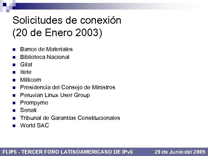 Solicitudes de conexión (20 de Enero 2003) n n n Banco de Materiales Biblioteca