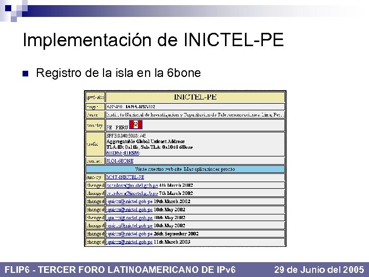Implementación de INICTEL-PE n Registro de la isla en la 6 bone FLIP 6