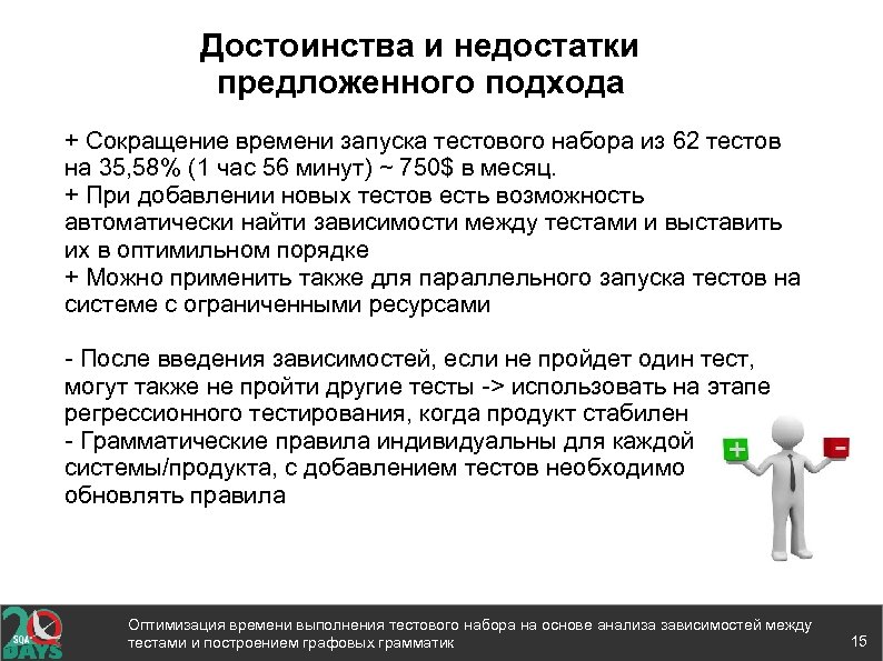 Достоинства и недостатки предложенного подхода + Сокращение времени запуска тестового набора из 62 тестов
