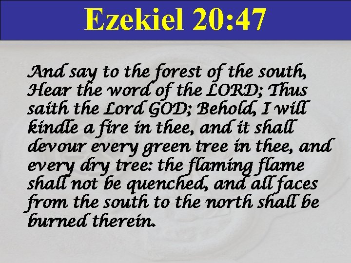Ezekiel 20: 47 And say to the forest of the south, Hear the word