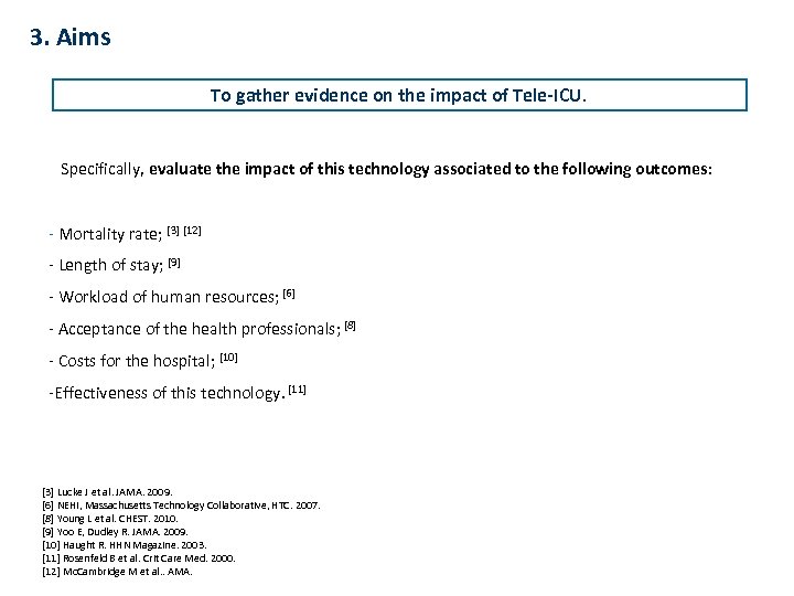 3. Aims To gather evidence on the impact of Tele-ICU. Specifically, evaluate the impact
