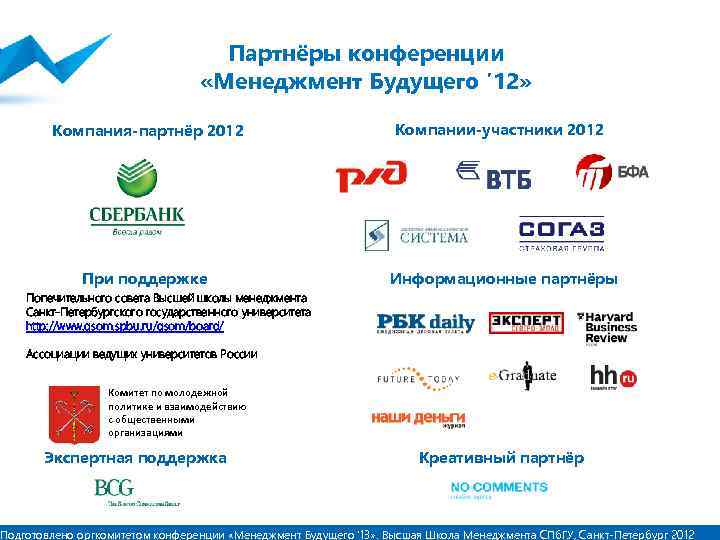 Партнёры конференции «Менеджмент Будущего ’ 12» Компания-партнёр 2012 Компании-участники 2012 При поддержке Информационные партнёры