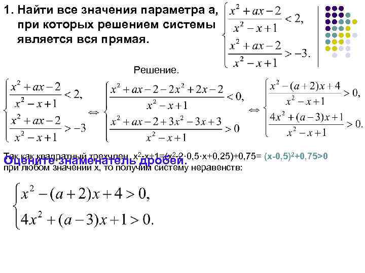 1. Найти все значения параметра а, при которых решением системы является вся прямая. Решение.