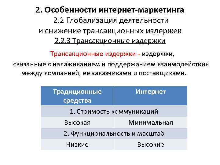 2. Особенности интернет-маркетинга 2. 2 Глобализация деятельности и снижение трансакционных издержек 2. 2. 3