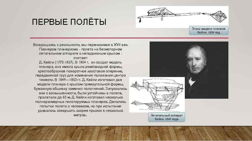 ПЕРВЫЕ ПОЛЁТЫ Эскиз модели планера Кейли. 1804 год Возвращаясь к реальности, мы переносимся в