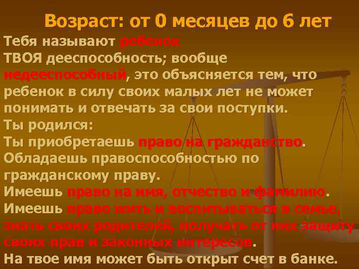 Возраст: от 0 месяцев до 6 лет Тебя называют ребенок ТВОЯ дееспособность; вообще недееспособный,