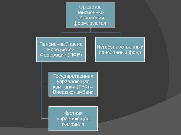 Средства пенсионных накоплений формируются: Пенсионный фонд Российской Федерации (ПФР) Государственная управляющая компания (ГУК) –