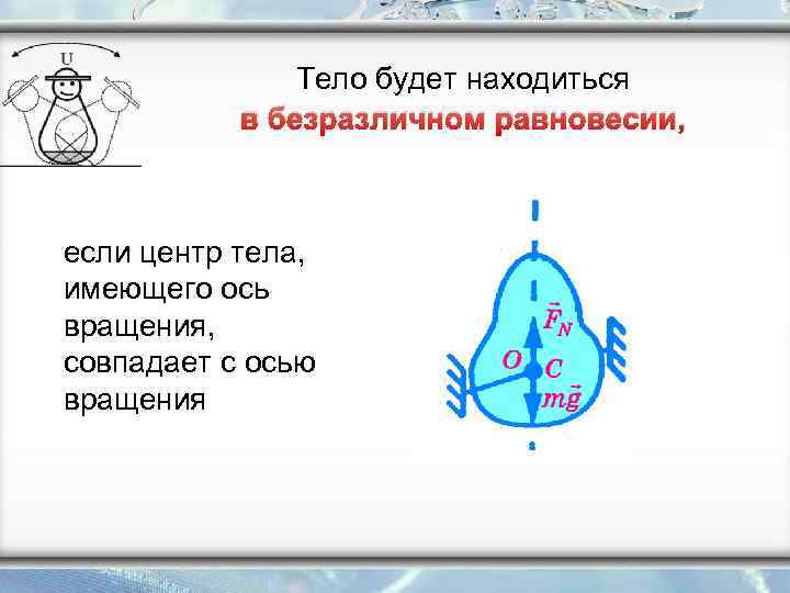 Тело будет находиться в безразличном равновесии, если центр тела, имеющего ось вращения, совпадает с