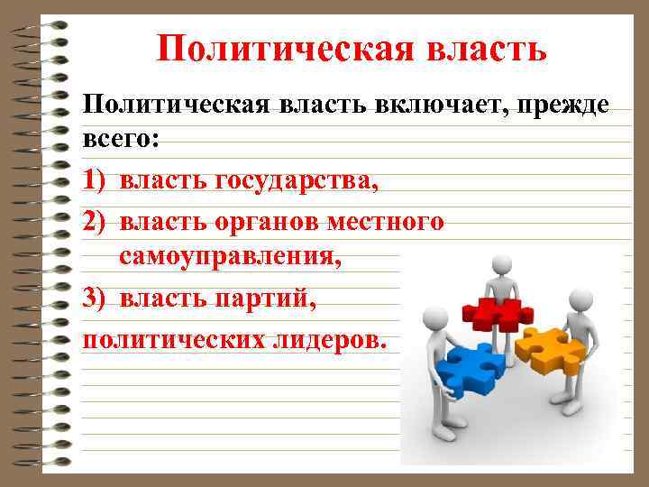 Политическая власть включает, прежде всего: 1) власть государства, 2) власть органов местного самоуправления, 3)