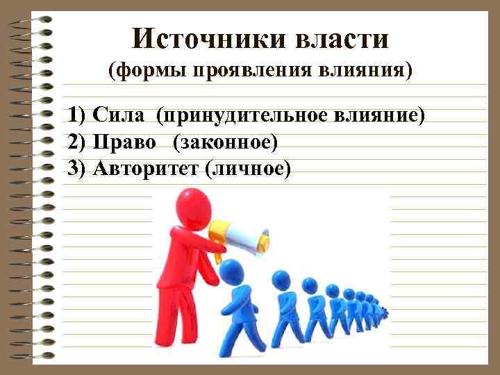 Источники власти (формы проявления влияния) 1) Сила (принудительное влияние) 2) Право (законное) 3) Авторитет