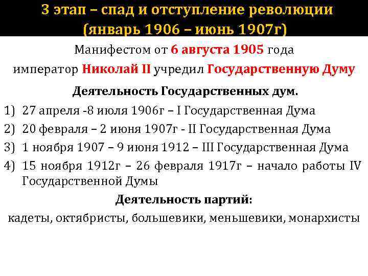 3 этап – спад и отступление революции (январь 1906 – июнь 1907 г) Манифестом