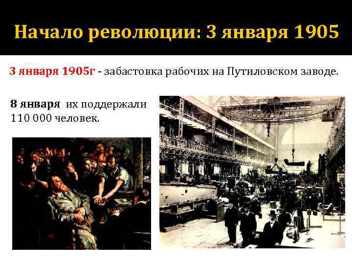 Начало революции: 3 января 1905 г - забастовка рабочих на Путиловском заводе. 8 января