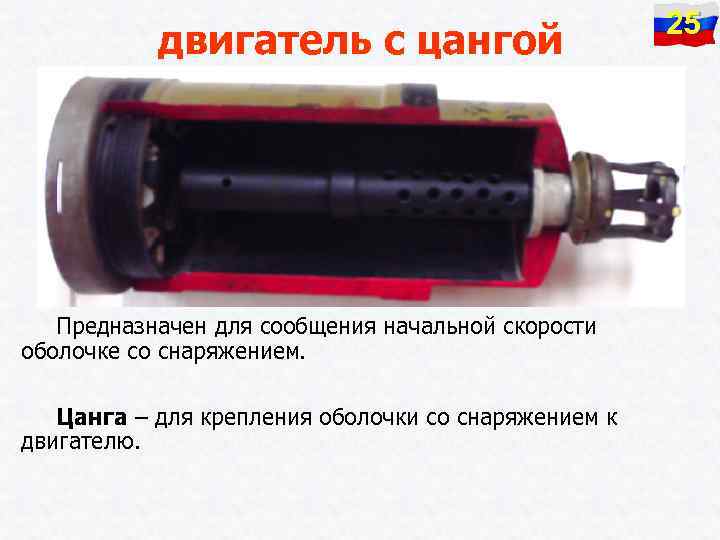 двигатель с цангой Предназначен для сообщения начальной скорости оболочке со снаряжением. Цанга – для