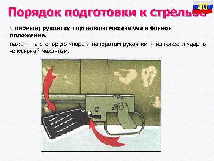 40 Порядок подготовки к стрельбе перевод рукоятки спускового механизма в боевое положение. нажать на