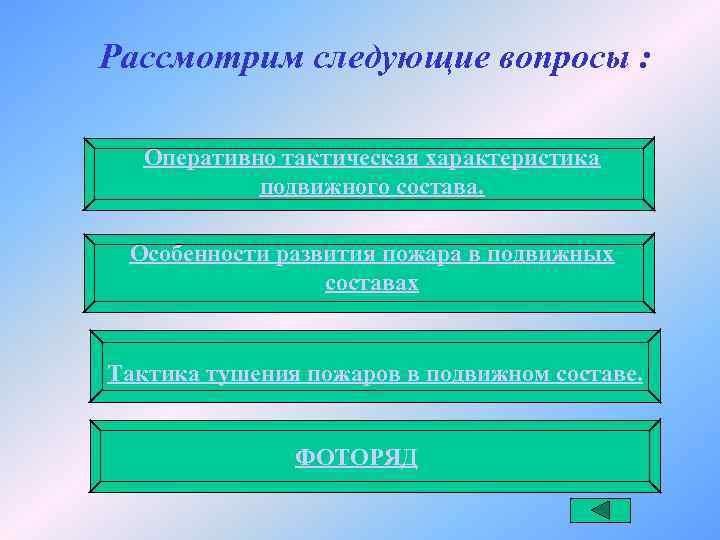 Рассмотрим следующие вопросы : Оперативно тактическая характеристика подвижного состава. Особенности развития пожара в подвижных