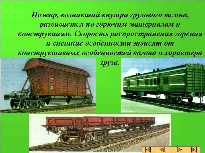 Пожар, возникший внутри грузового вагона, развивается по горючим материалам и конструкциям. Скорость распространения горения