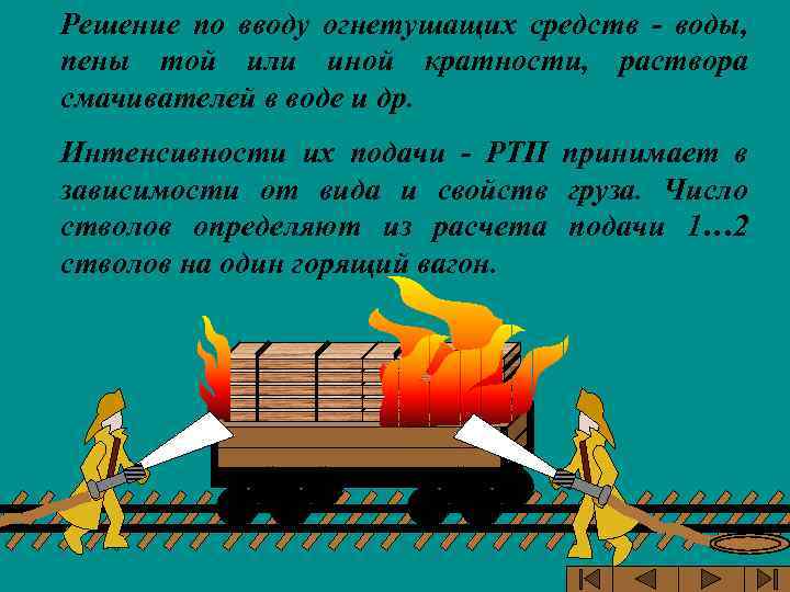 Решение по вводу огнетушащих средств - воды, пены той или иной кратности, раствора смачивателей