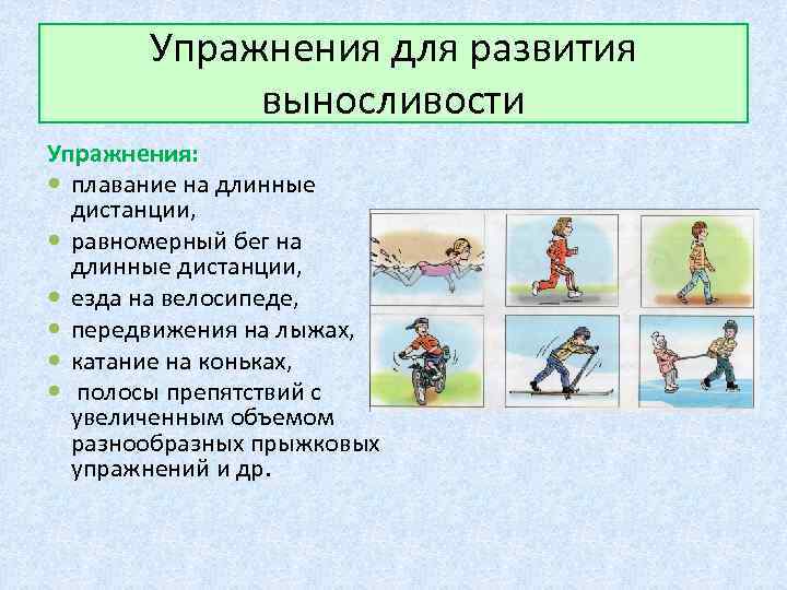 Упражнения для развития выносливости Упражнения: плавание на длинные дистанции, равномерный бег на длинные дистанции,