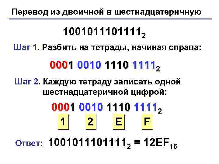 Перевод из двоичной в шестнадцатеричную 1001011112 Шаг 1. Разбить на тетрады, начиная справа: 0001