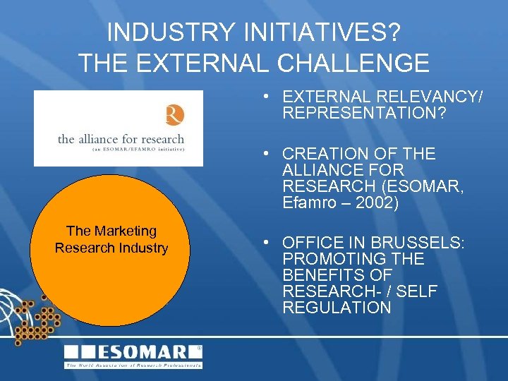 INDUSTRY INITIATIVES? THE EXTERNAL CHALLENGE • EXTERNAL RELEVANCY/ REPRESENTATION? • CREATION OF THE ALLIANCE