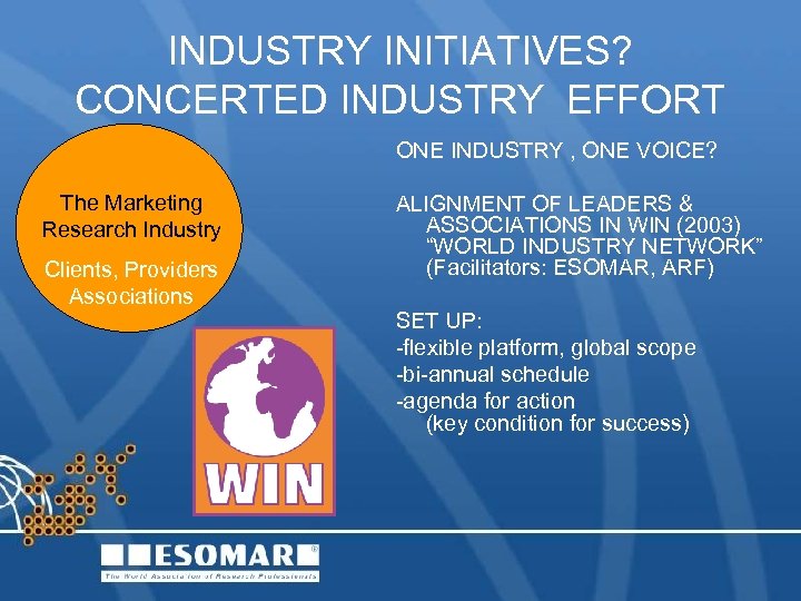 INDUSTRY INITIATIVES? CONCERTED INDUSTRY EFFORT ONE INDUSTRY , ONE VOICE? The Marketing Research Industry
