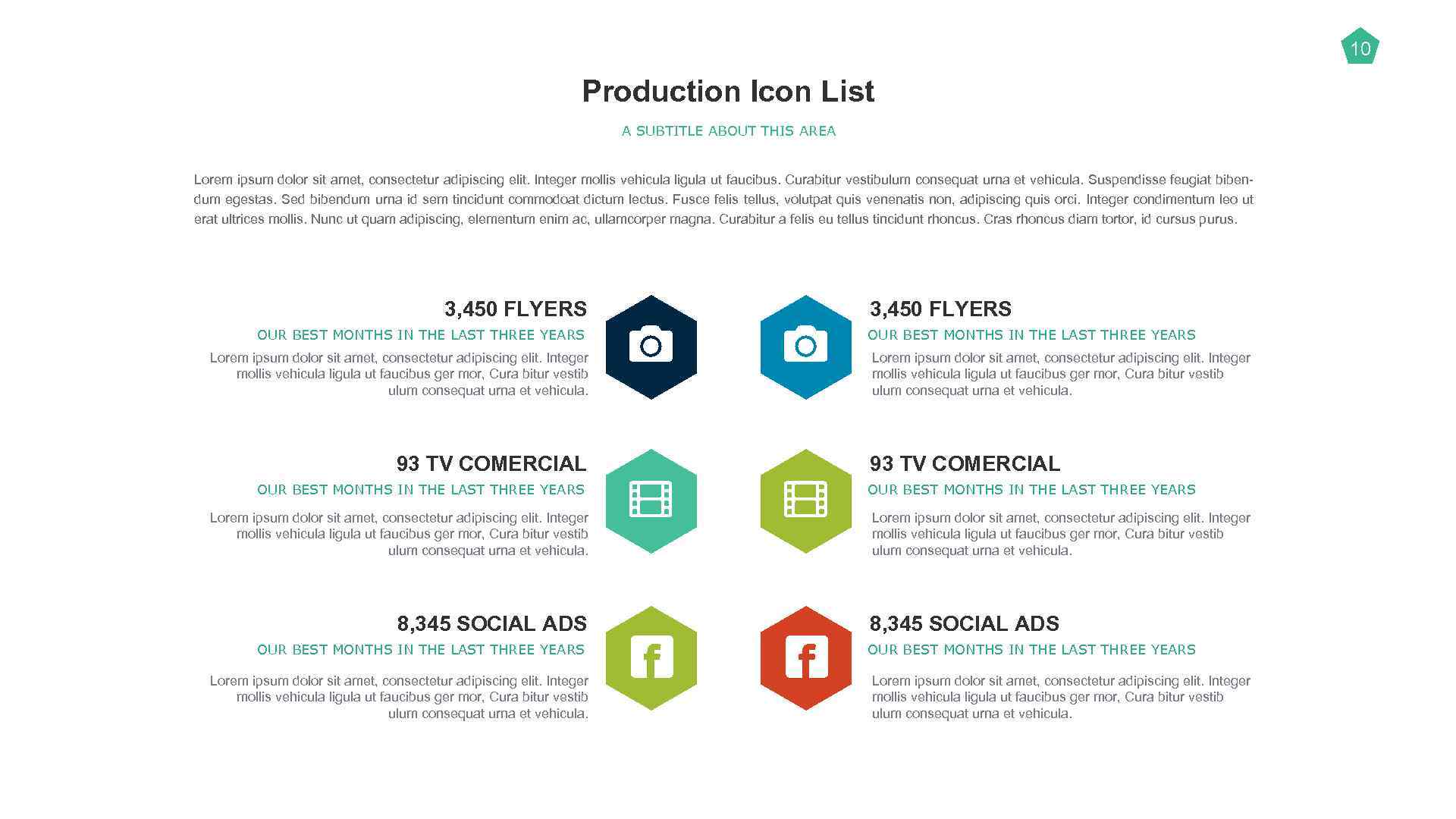 10 Production Icon List A SUBTITLE ABOUT THIS AREA Lorem ipsum dolor sit amet,