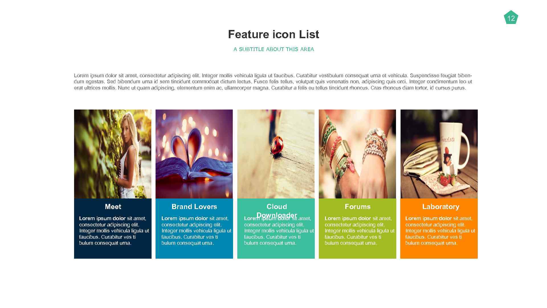 12 Feature icon List A SUBTITLE ABOUT THIS AREA Lorem ipsum dolor sit amet,