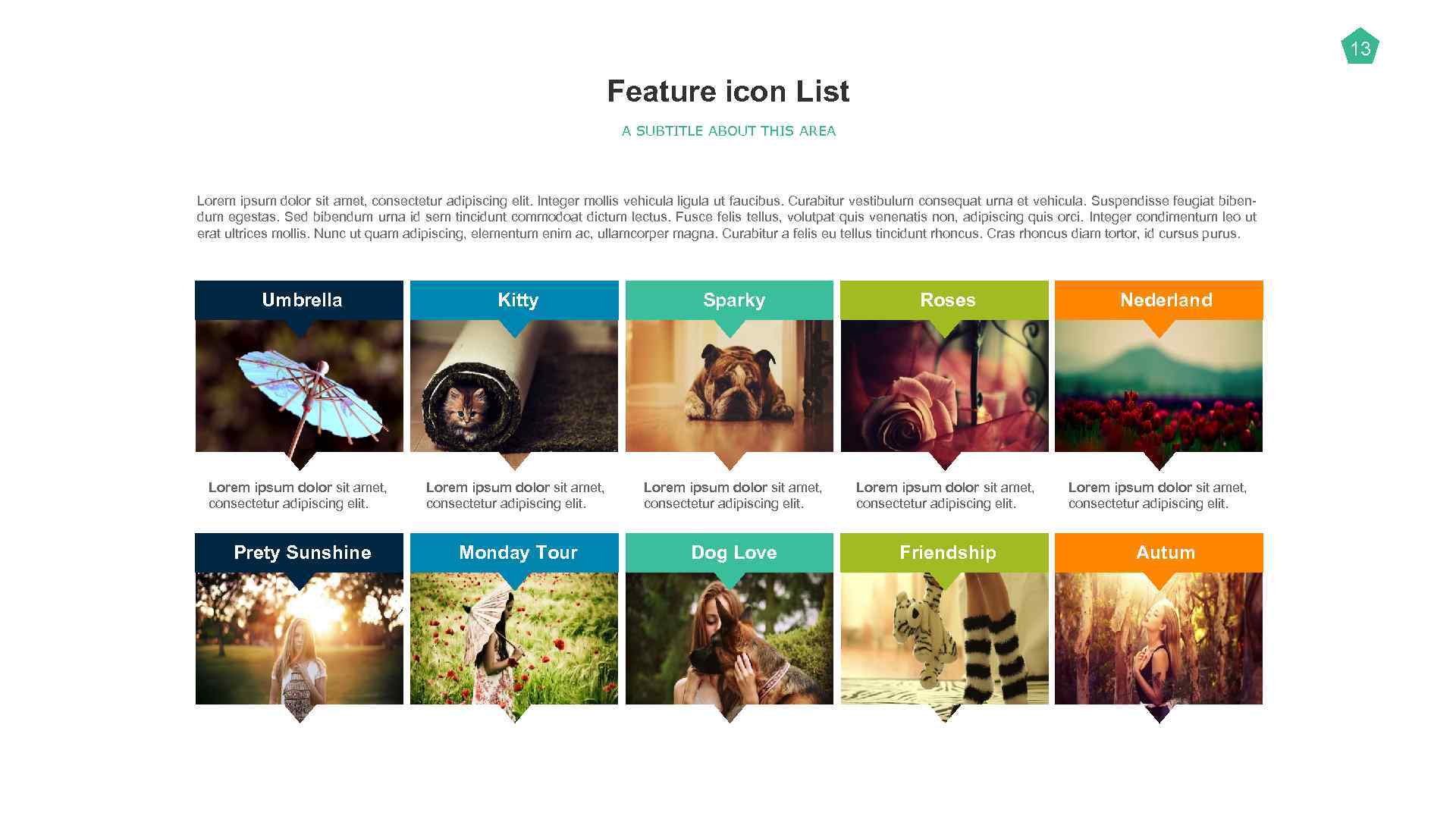 13 Feature icon List A SUBTITLE ABOUT THIS AREA Lorem ipsum dolor sit amet,