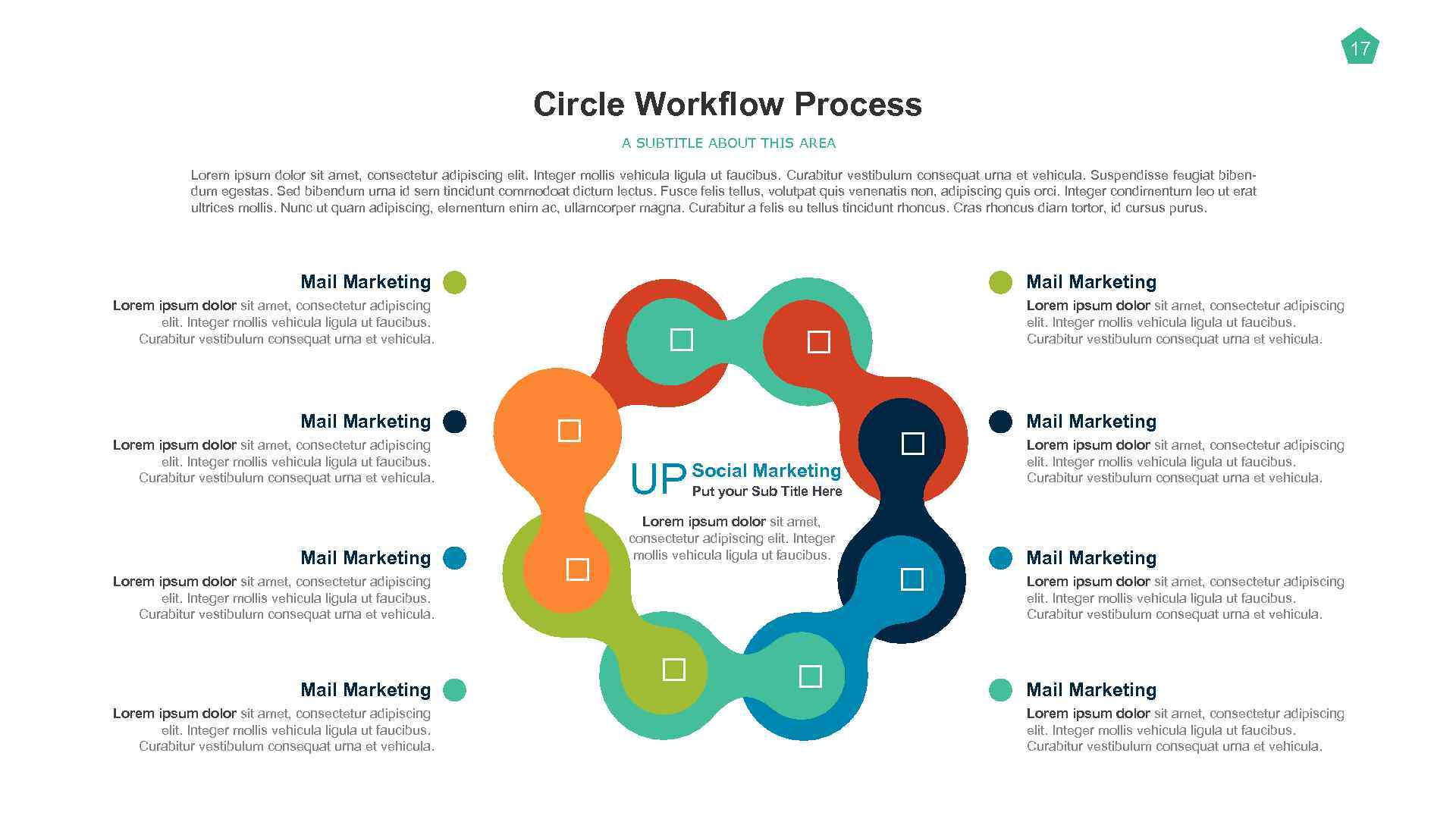 17 Circle Workflow Process A SUBTITLE ABOUT THIS AREA Lorem ipsum dolor sit amet,