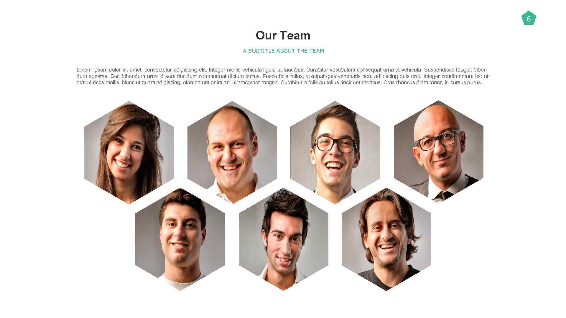 6 Our Team A SUBTITLE ABOUT THE TEAM Lorem ipsum dolor sit amet, consectetur