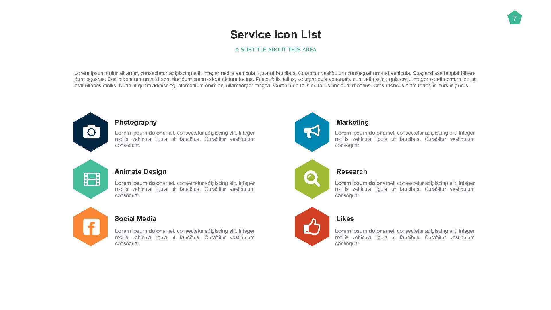 7 Service Icon List A SUBTITLE ABOUT THIS AREA Lorem ipsum dolor sit amet,