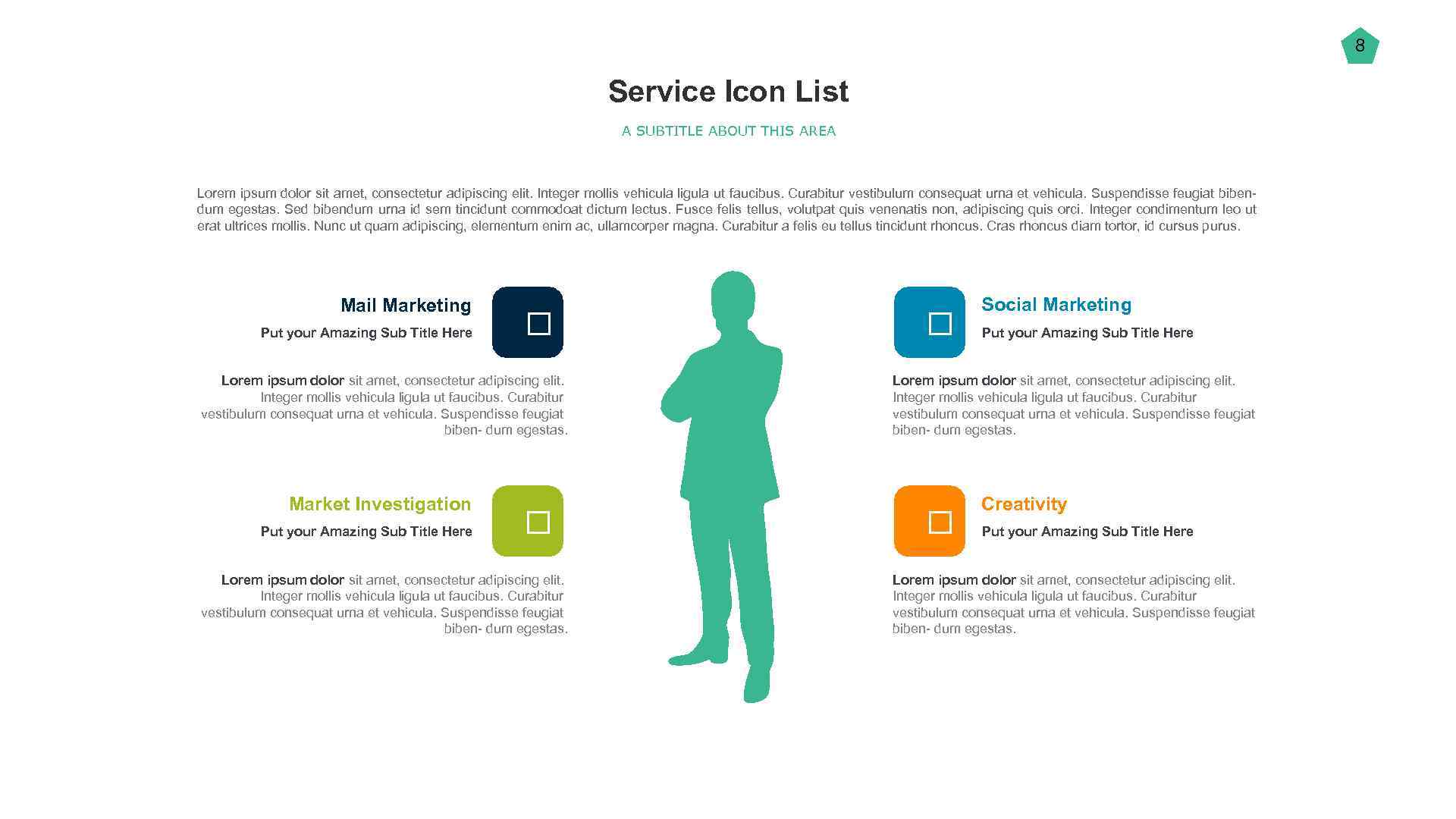 8 Service Icon List A SUBTITLE ABOUT THIS AREA Lorem ipsum dolor sit amet,