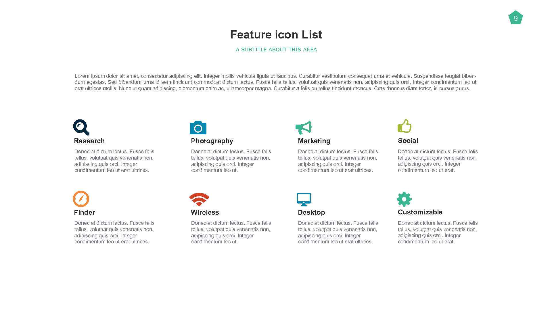 9 Feature icon List A SUBTITLE ABOUT THIS AREA Lorem ipsum dolor sit amet,