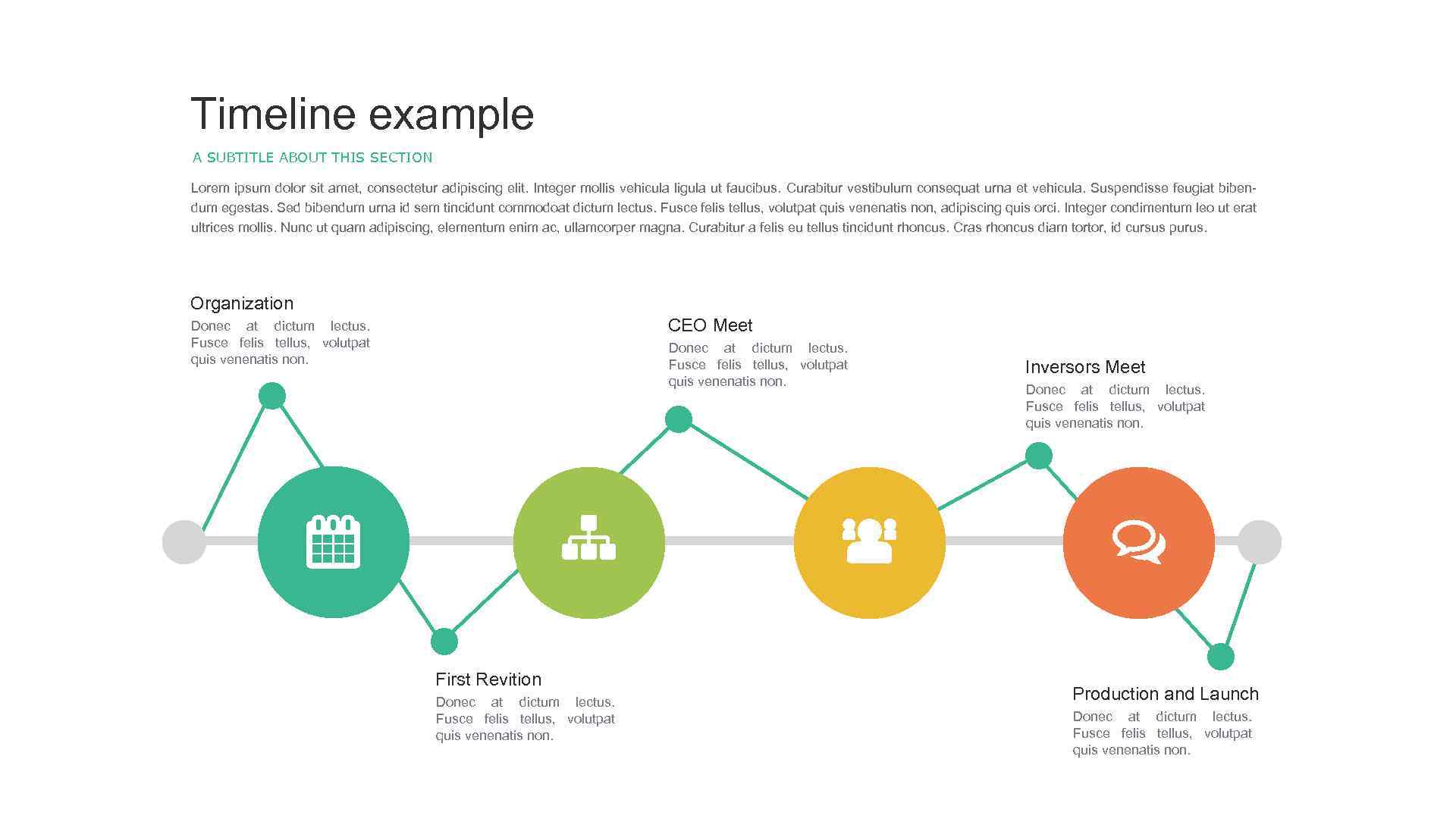 Timeline example A SUBTITLE ABOUT THIS SECTION Lorem ipsum dolor sit amet, consectetur adipiscing