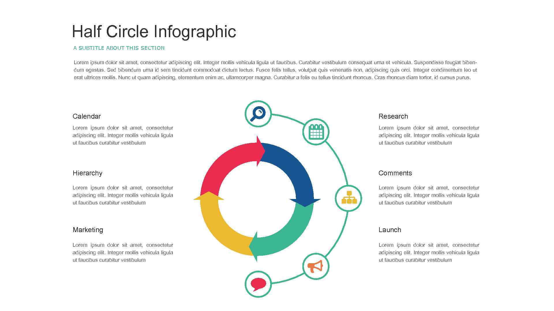 Half Circle Infographic A SUBTITLE ABOUT THIS SECTION Lorem ipsum dolor sit amet, consectetur