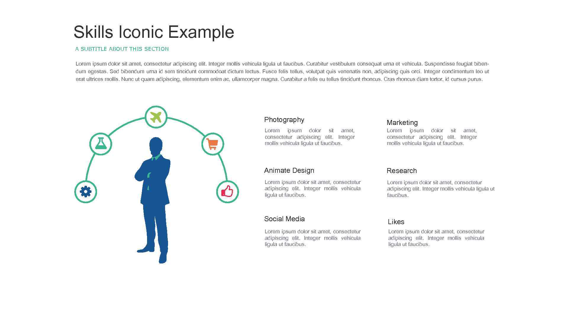 Skills Iconic Example A SUBTITLE ABOUT THIS SECTION Lorem ipsum dolor sit amet, consectetur