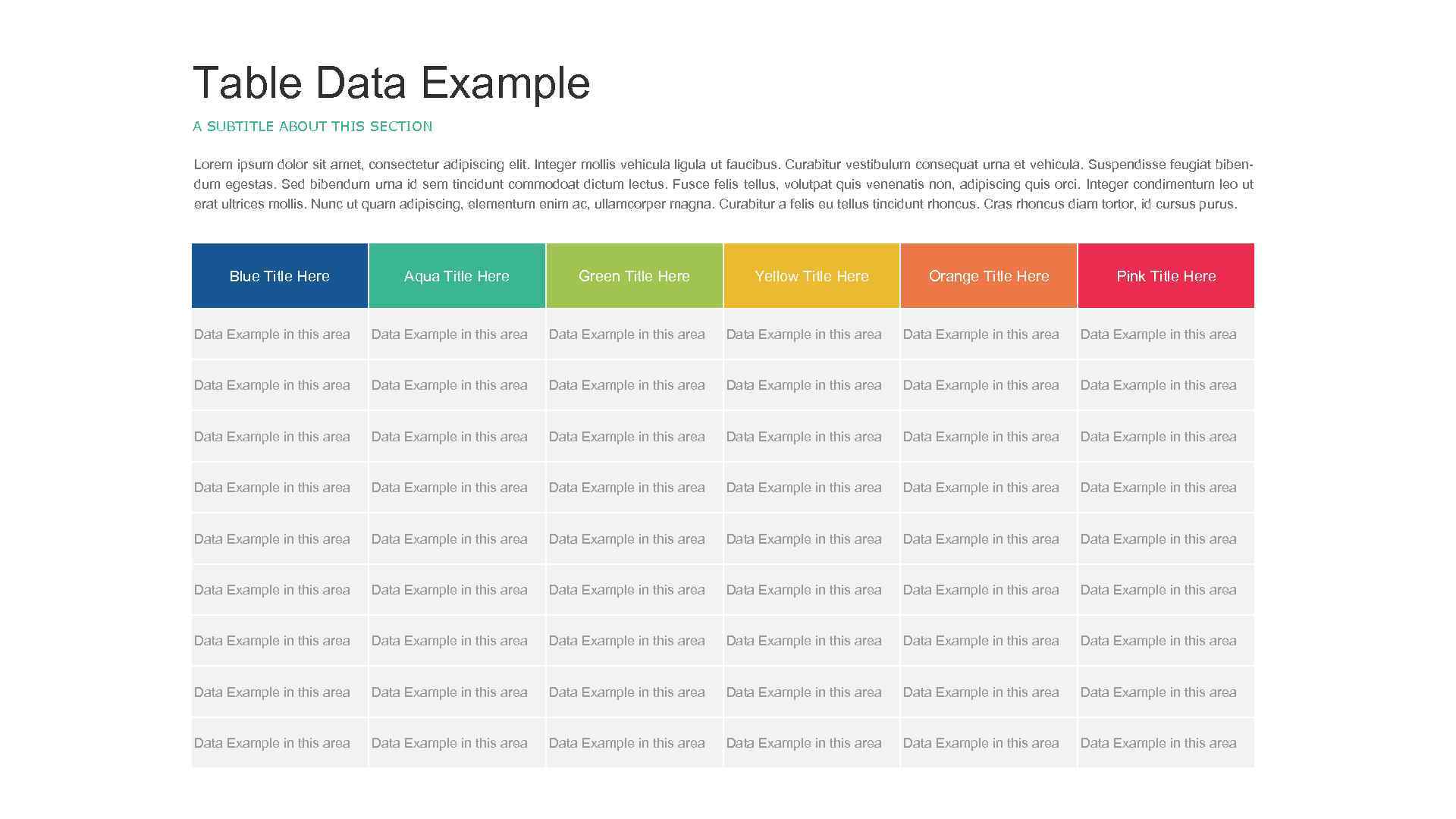 Table Data Example A SUBTITLE ABOUT THIS SECTION Lorem ipsum dolor sit amet, consectetur