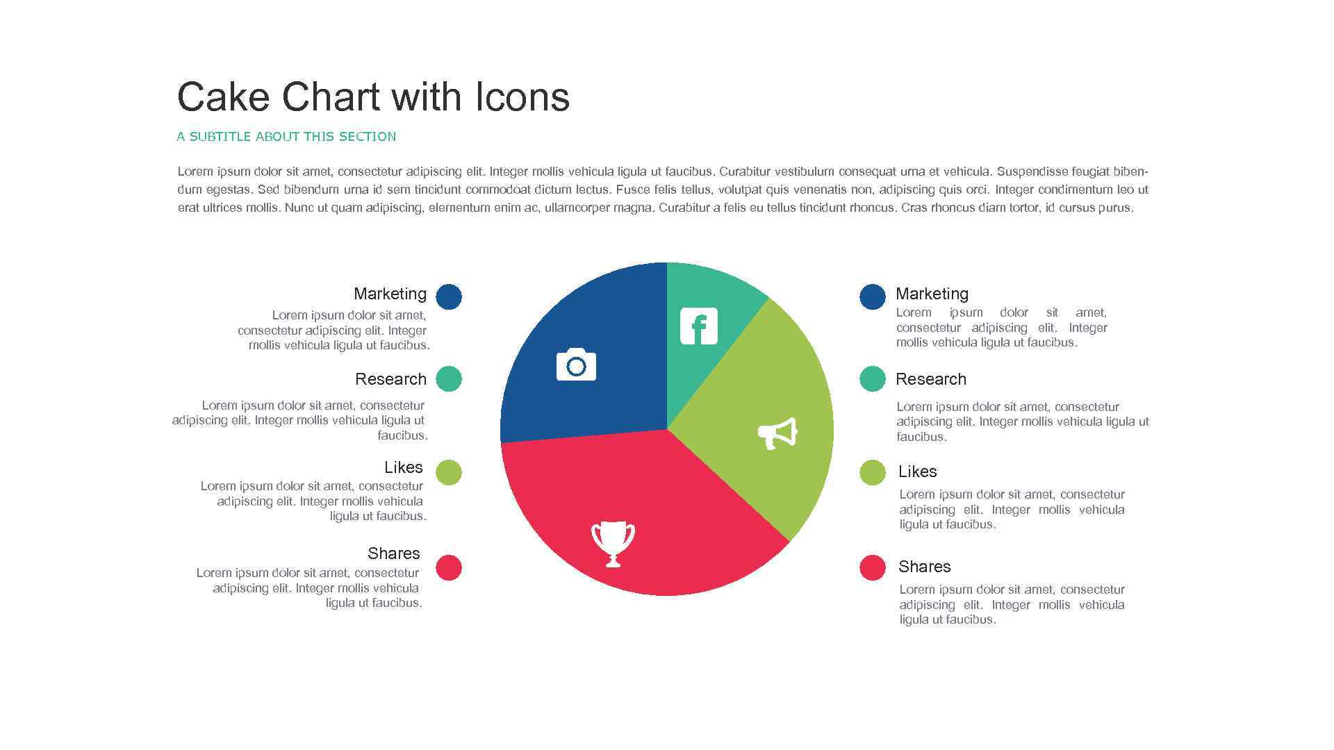 Cake Chart with Icons A SUBTITLE ABOUT THIS SECTION Lorem ipsum dolor sit amet,