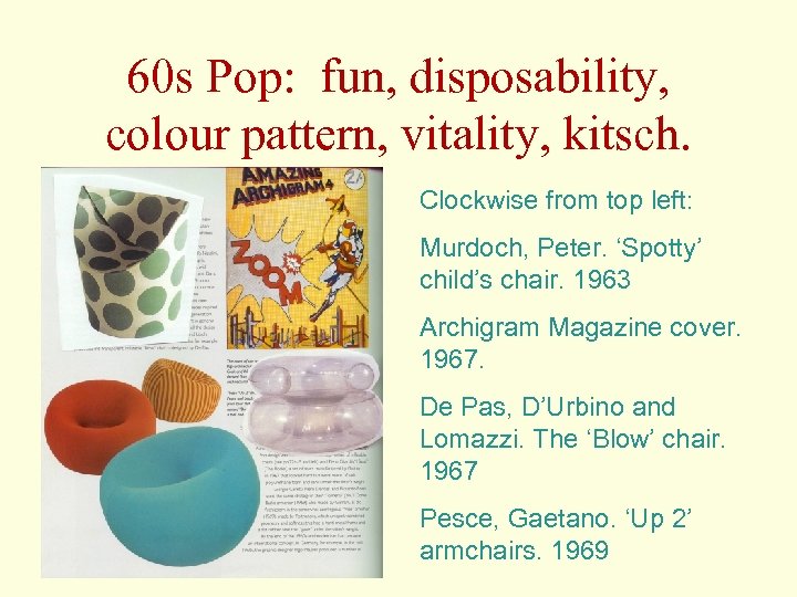 60 s Pop: fun, disposability, colour pattern, vitality, kitsch. Clockwise from top left: Murdoch,