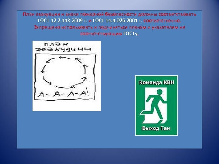 План эвакуации и знаки пожарной безопасности должны соответствовать ГОСТ 12. 2. 143 -2009 г.