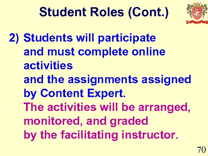 Student Roles (Cont. ) 2) Students will participate and must complete online activities and