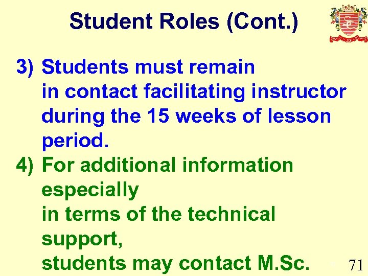 Student Roles (Cont. ) 3) Students must remain in contact facilitating instructor during the