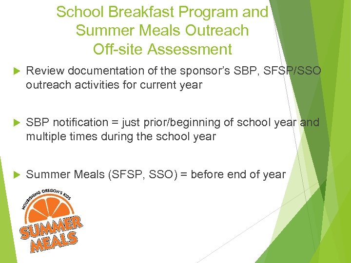 School Breakfast Program and Summer Meals Outreach Off-site Assessment Review documentation of the sponsor’s
