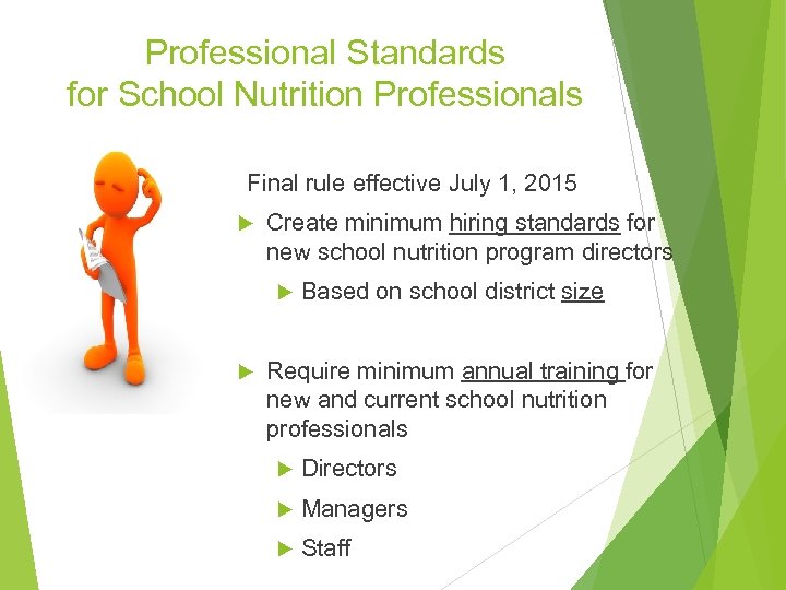 Professional Standards for School Nutrition Professionals Final rule effective July 1, 2015 Create minimum